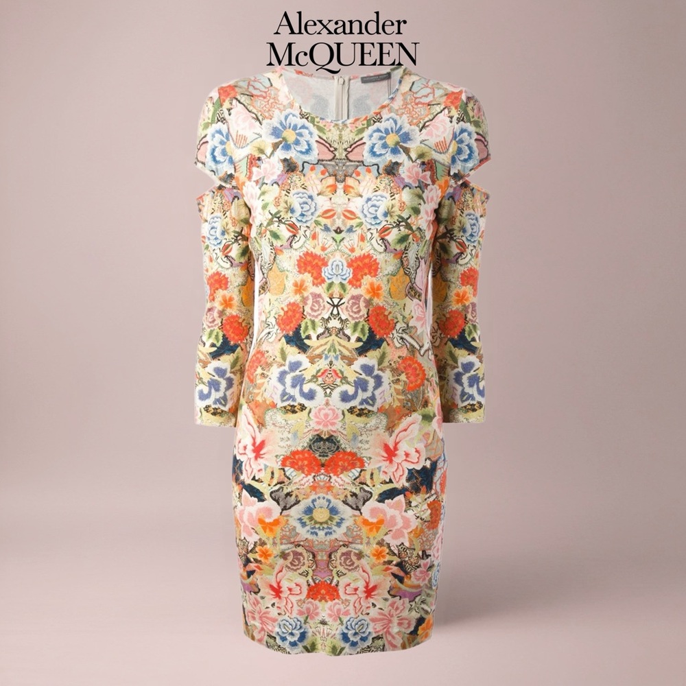 Alexander McQueen Dress Slash Sleeve Bodycon Abstract Kaleidoscope Floral Print